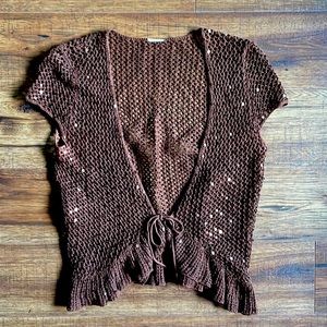 Brown sequin short sleeve cardigan size L